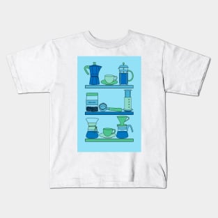 Coffee Shelves in blues and greens Kids T-Shirt